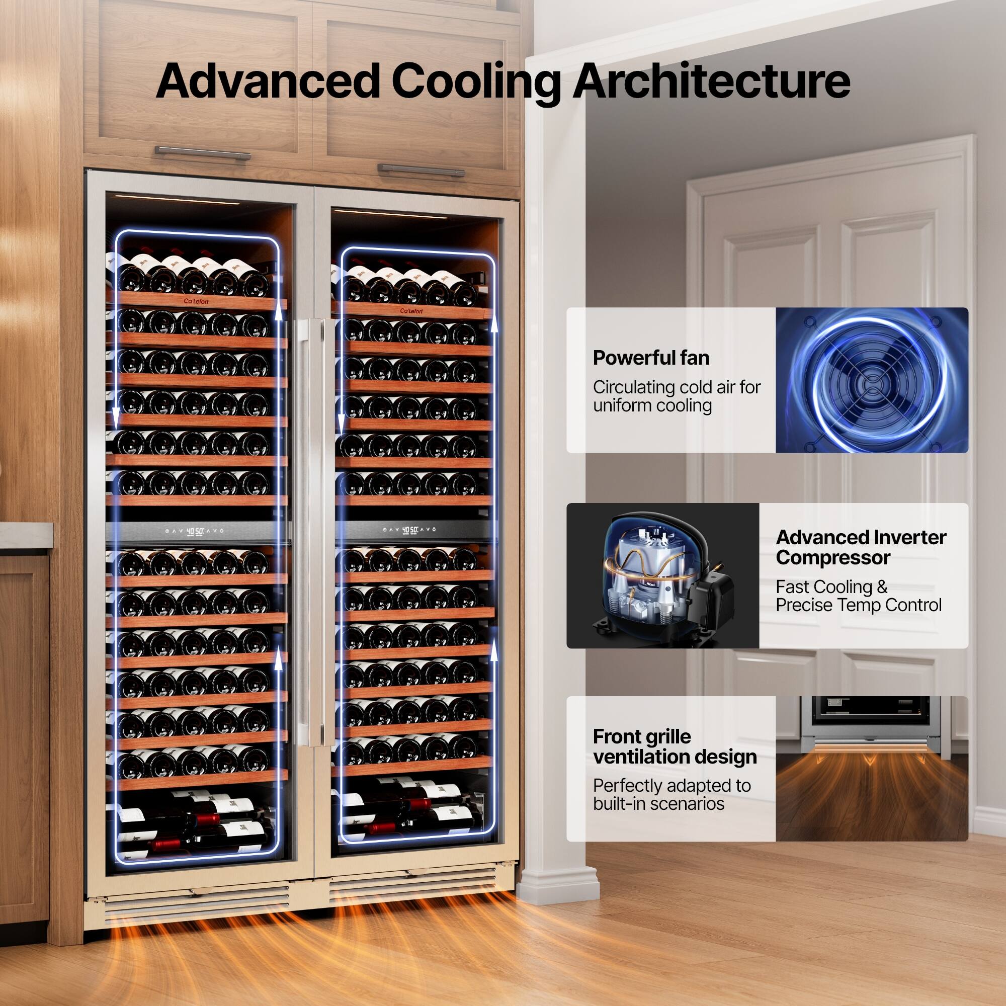 Advanced Cooling Architecture

- Powerful fan
  - Circulating cold air for uniform cooling

- Advanced Inverter Compressor
  - Fast Cooling & Precise Temp Control

- Front grille ventilation design
  - Perfectly adapted to built-in scenarios