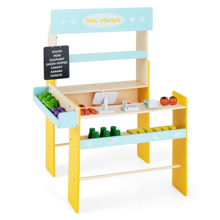 SlickBlue - Kids Pretend Play Grocery Store with Cash Register and Blackboard Set - Blue, Yellow, Natural