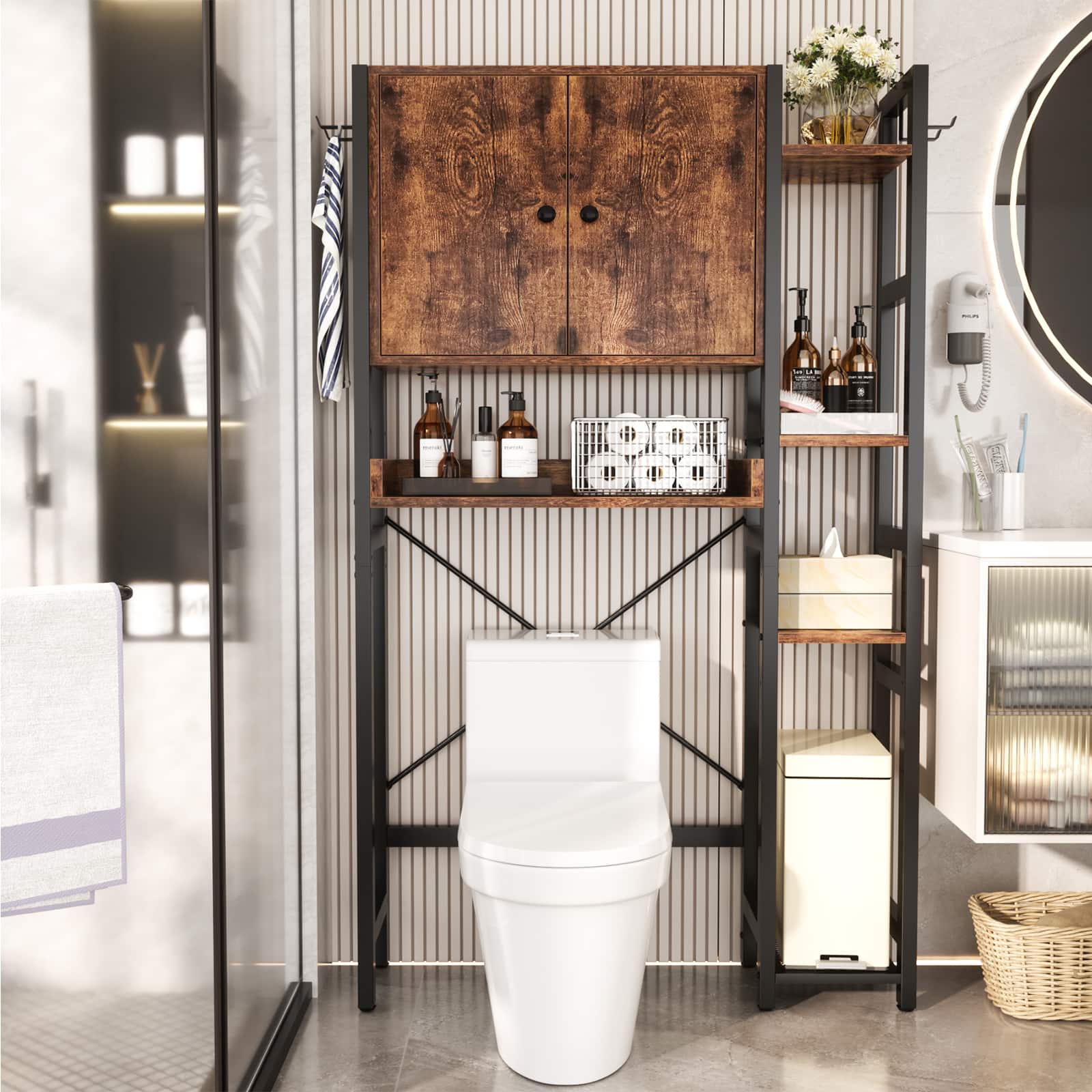 Aheaplus - Over The Toilet Storage Cabinet with Doors, 7 Tier Freestanding Bathroom Organizer with Adjustable Shelves & 4 Hooks - Brown