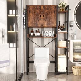 Aheaplus - Over The Toilet Storage Cabinet with Doors, 7 Tier Freestanding Bathroom Organizer with Adjustable Shelves & 4 Hooks - Brown