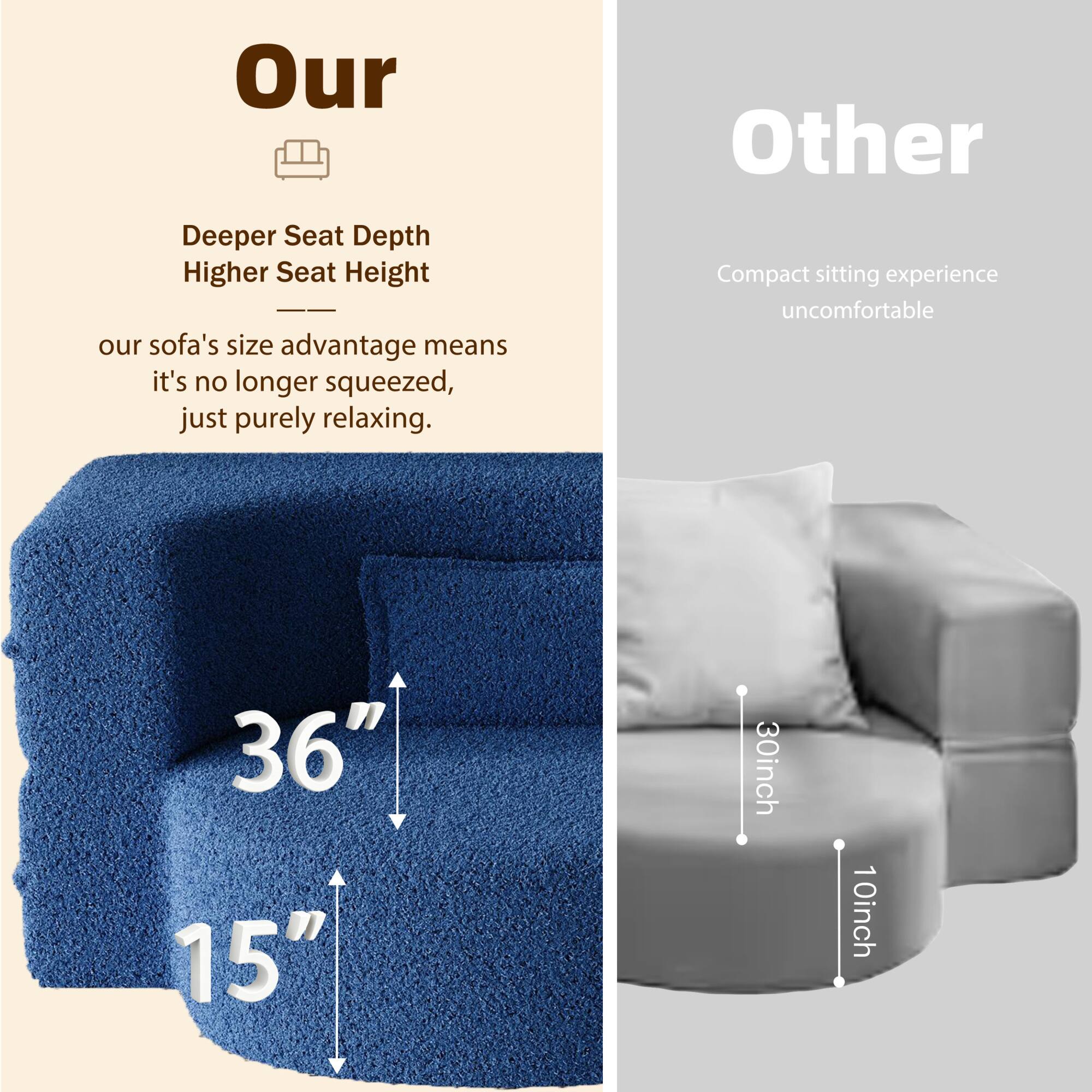 **Our**

- Deeper Seat Depth
- Higher Seat Height

Our sofa's size advantage means it's no longer squeezed, just purely relaxing.

36"  
15"

**Other**

- Compact sitting experience
- Uncomfortable

30inch  
10inch