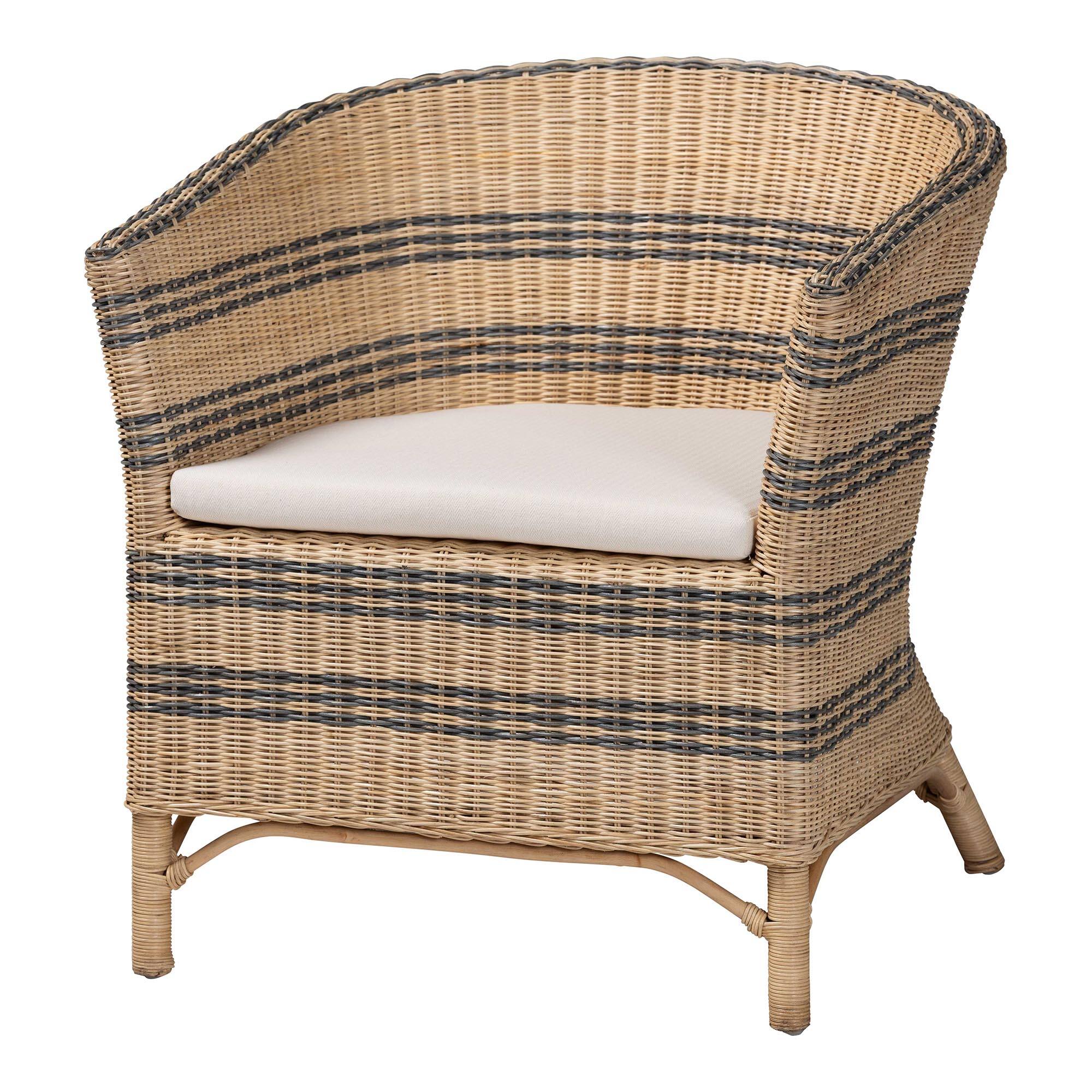 bali & pari - Elda Natural Rattan Accent Chair - Wicker Barrel-Back Chair with Woven Stripes and Cushion, Coastal Boho Style - Natural Brown/Blue
