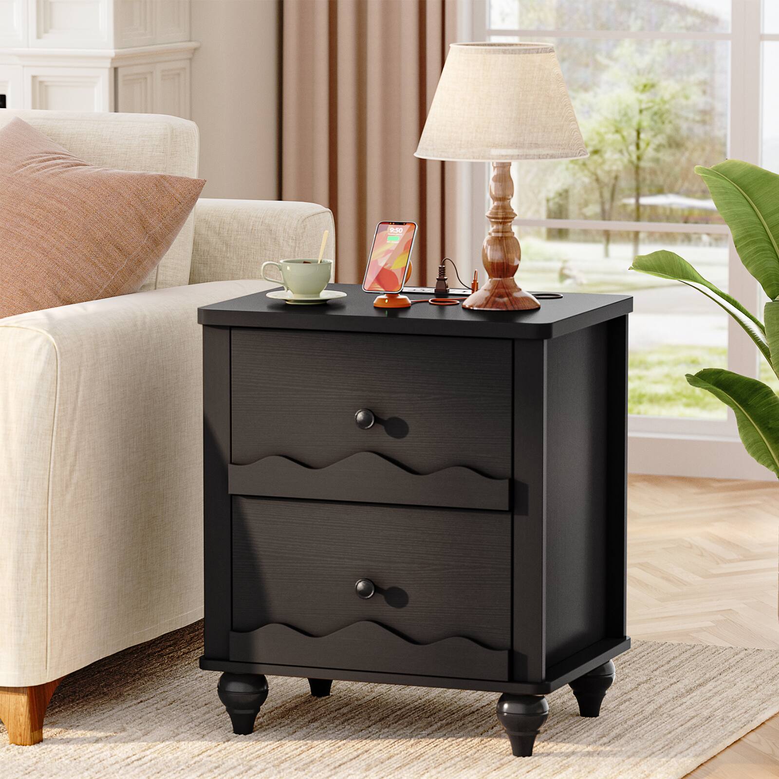 Alt View 5. Aheaplus - Nightstand with 2 Drawers, Farmhouse Nightstand with Charging Station, 2 Piece Set - Black.