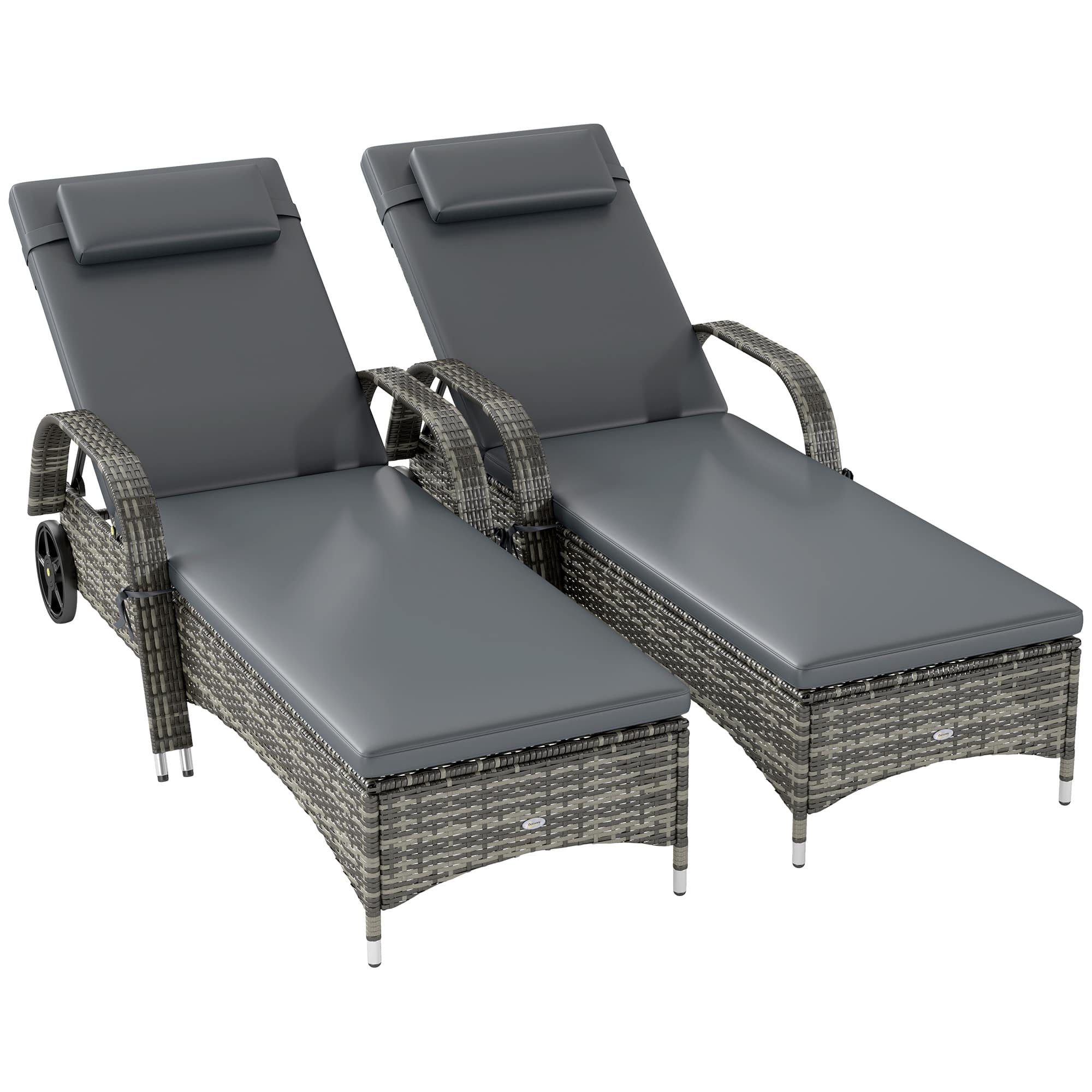 Outsunny - Reclining Chaise Lounge Chairs, Rolling Outdoor Chairs with Cushion, Pillow, Headrest, Armrests - Mixed Gray and Gray