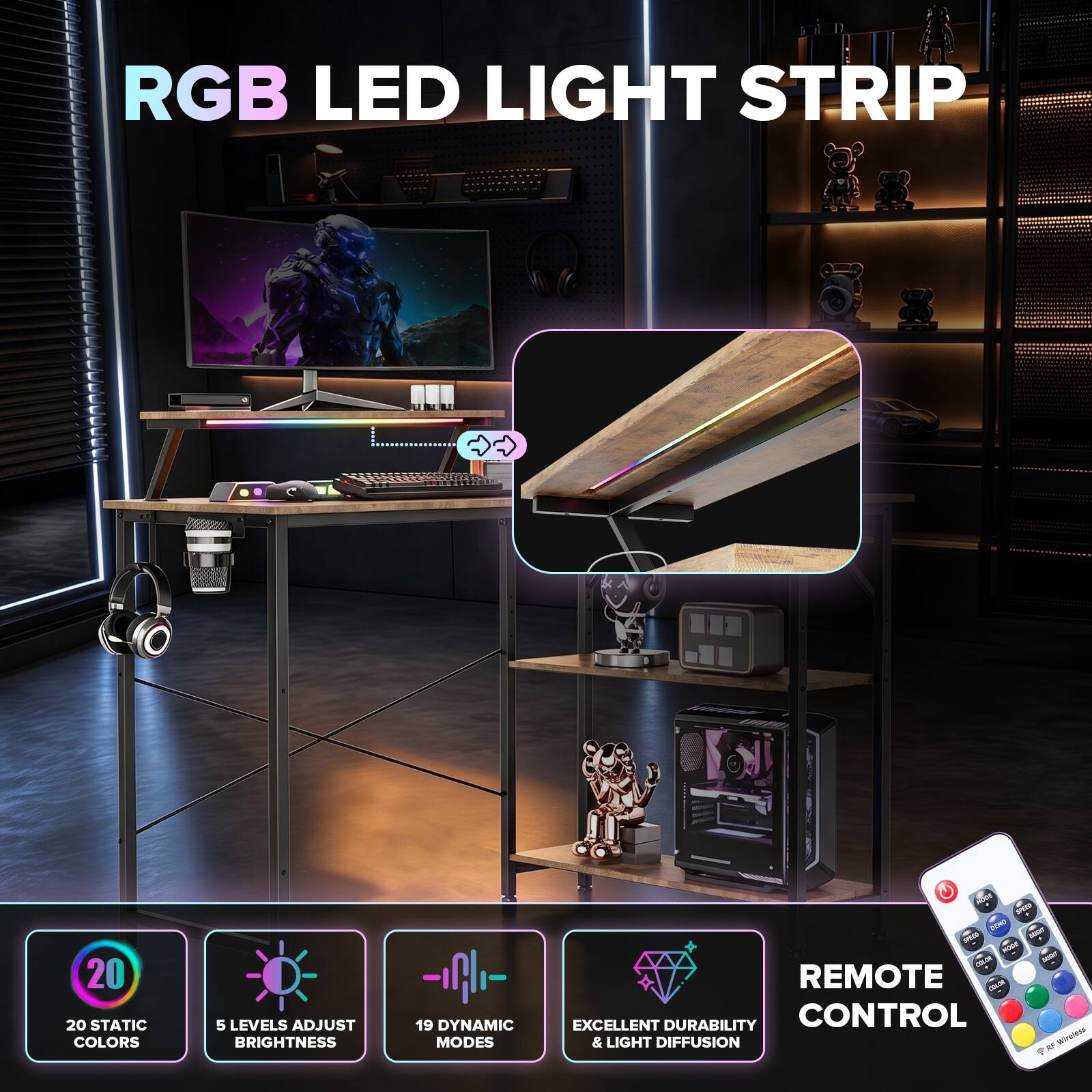 RGB LED LIGHT STRIP

20 STATIC COLORS

5 LEVELS ADJUST BRIGHTNESS

19 DYNAMIC MODES

REMOTE CONTROL

EXCELLENT DURABILITY & LIGHT DIFFUSION