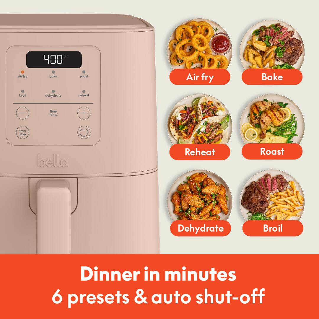 Air fry, Bake, Roast, Reheat, Dehydrate, Broil, Dinner in minutes 6 presets & auto shut-off