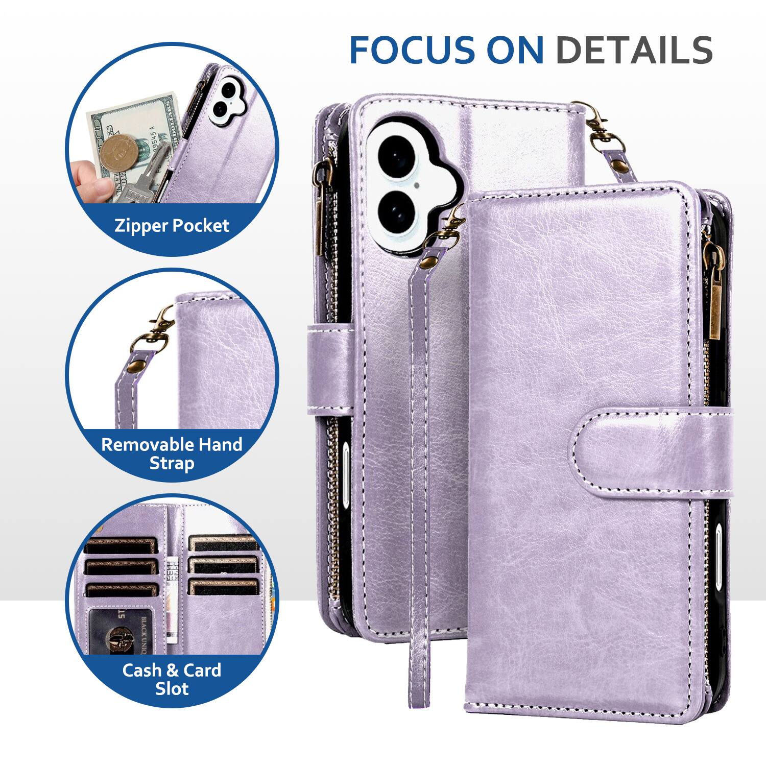 a JHS - sacppem I FOCUS ON DETAILS  
Zipper Pocket  
Removable Hand Strap  
Cash & Card Slot
