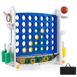 Costway - 4 in a Row Connect Game with Mesh Net, Carrying Bag, Height Adjustable, Ring Toss - Blue+Gray