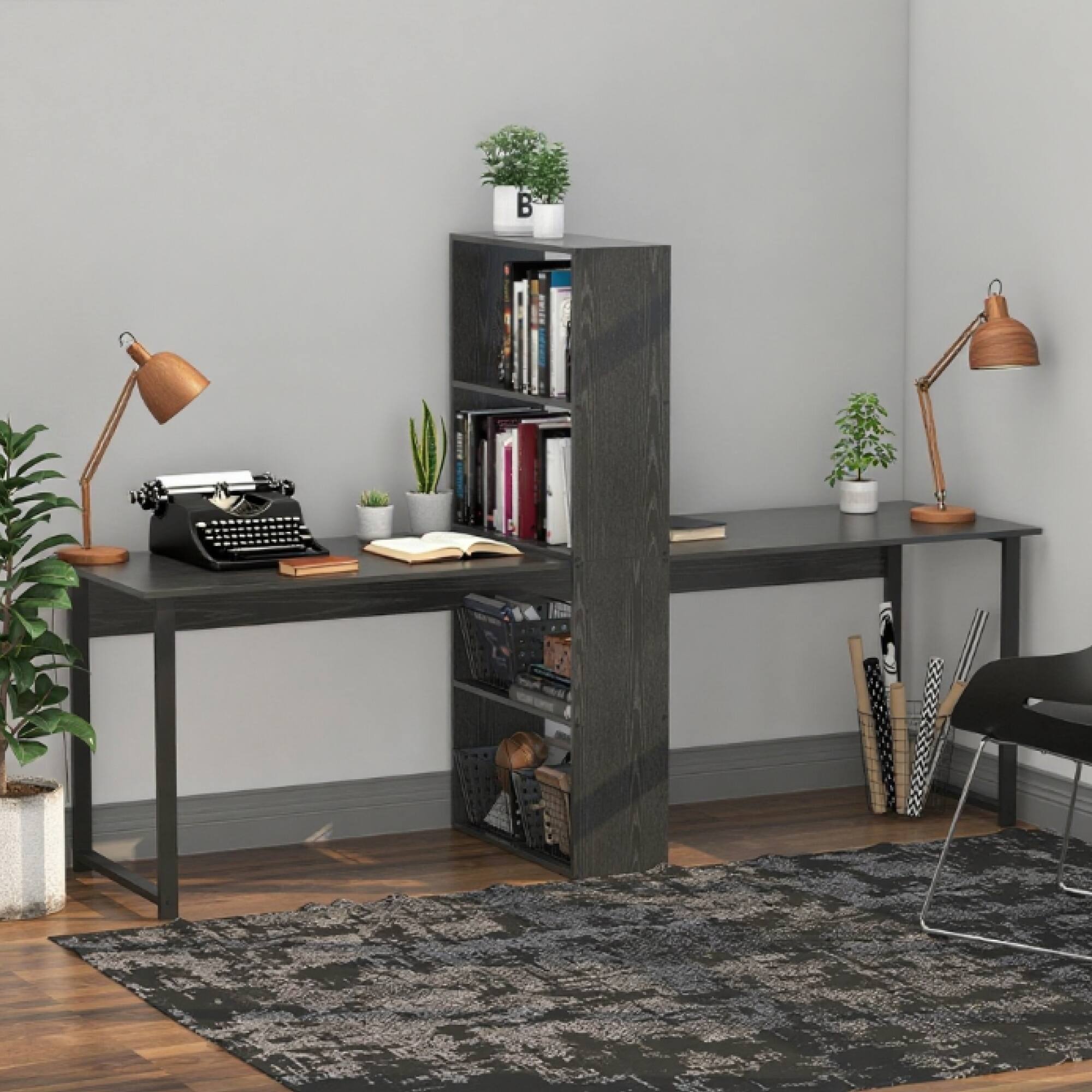 Angle. GOODSILO - Extra Long Double Workstation Computer Desk with 4-Tier Storage Bookshelf for Home Office Study - Black.