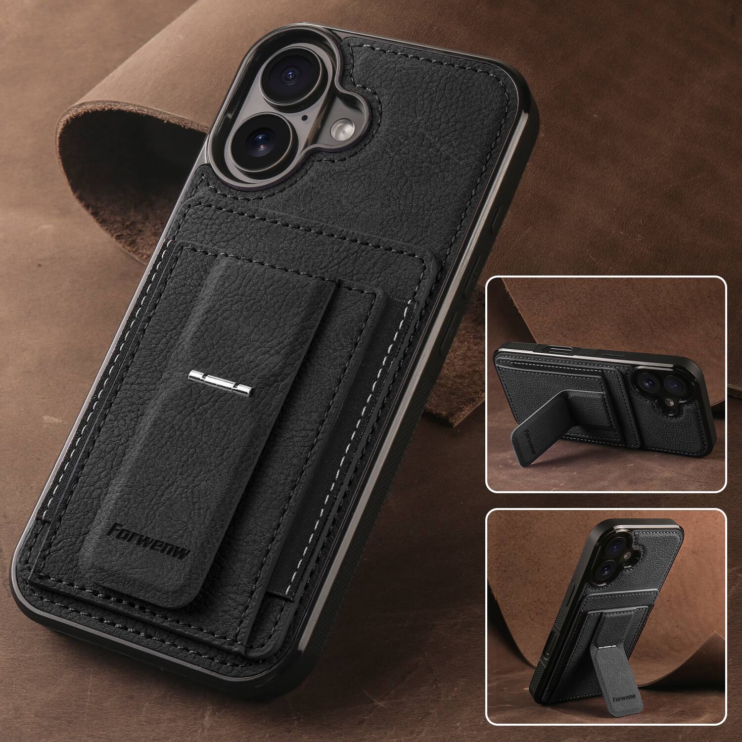 Alt View 1. Dteck - Slim Card Holder Case for Apple Apple iPhone 16, Shockproof Wallet Protective Cover with Kickstand - Black.