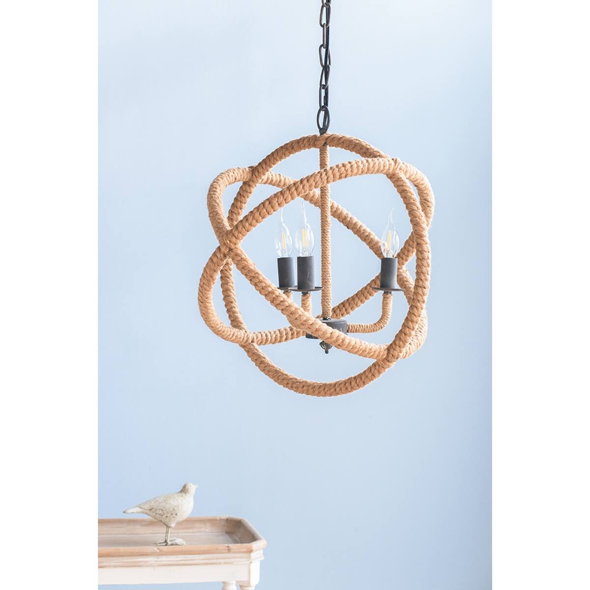 Front. Loheer - Loheer 3 Light Farmhouse Chandelier, Jute Rope Globe Fixture with Adjustable Chain, Beige Brown.