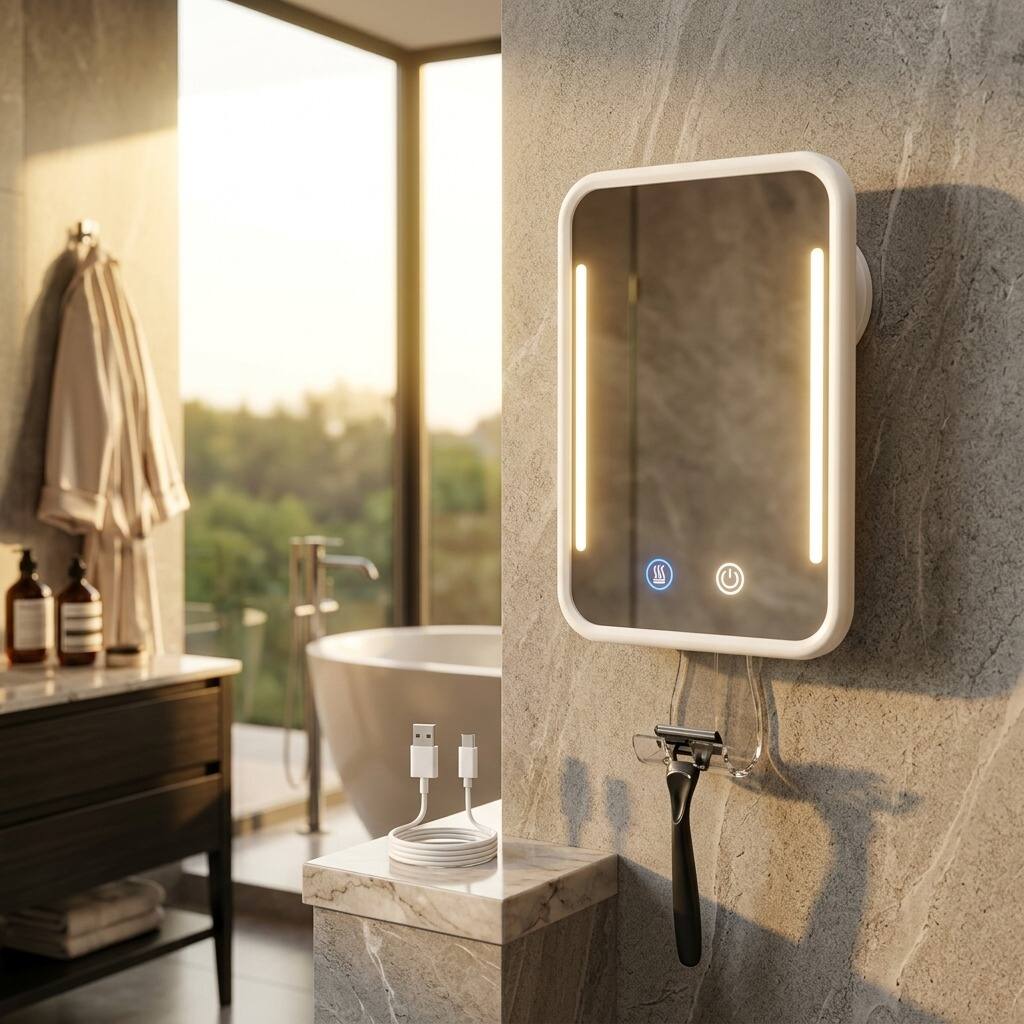 Alt View 2. Dazzed Corner - Heated Fogless Shower Mirror with LED Light, Rechargeable, Suction Cup Razor Holder - White.