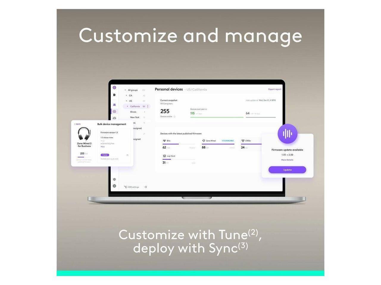 Customize and manage - groups Personal devices US/California Export report

Now

255 - Devices 115 - 64

Bulk device management

Devices with the latest published firmware

Zone Wired 2

Firmware update available 1.05 > 2.00

Customize with Tune(2), deploy with Sync(3)