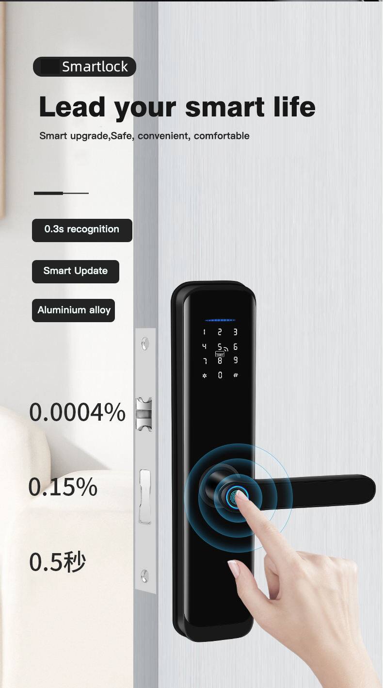 Smartlock  
Lead your smart life  
Smart upgrade, Safe, convenient, comfortable  

0.3s recognition  
Smart Update  
Aluminium alloy  

0.0004%  
0.15%  
0.5秒
