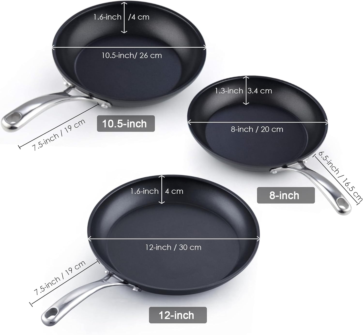 1.6-inch / 4 cm  
10.5-inch / 26 cm  
1.3-inch / 3.4 cm  
8-inch / 20 cm  
6.5-inch / 16.5 cm  
12-inch / 30 cm