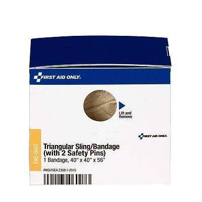 FIRST AID ONLY.

Lift and Remove Triangular Sling/Bandage FAE-6007 (with 2 Safety Pins)

1 Bandage, 40" x 40" x 56"

ANSUISEA 2308 1-2015

FIRST AID ONLY.