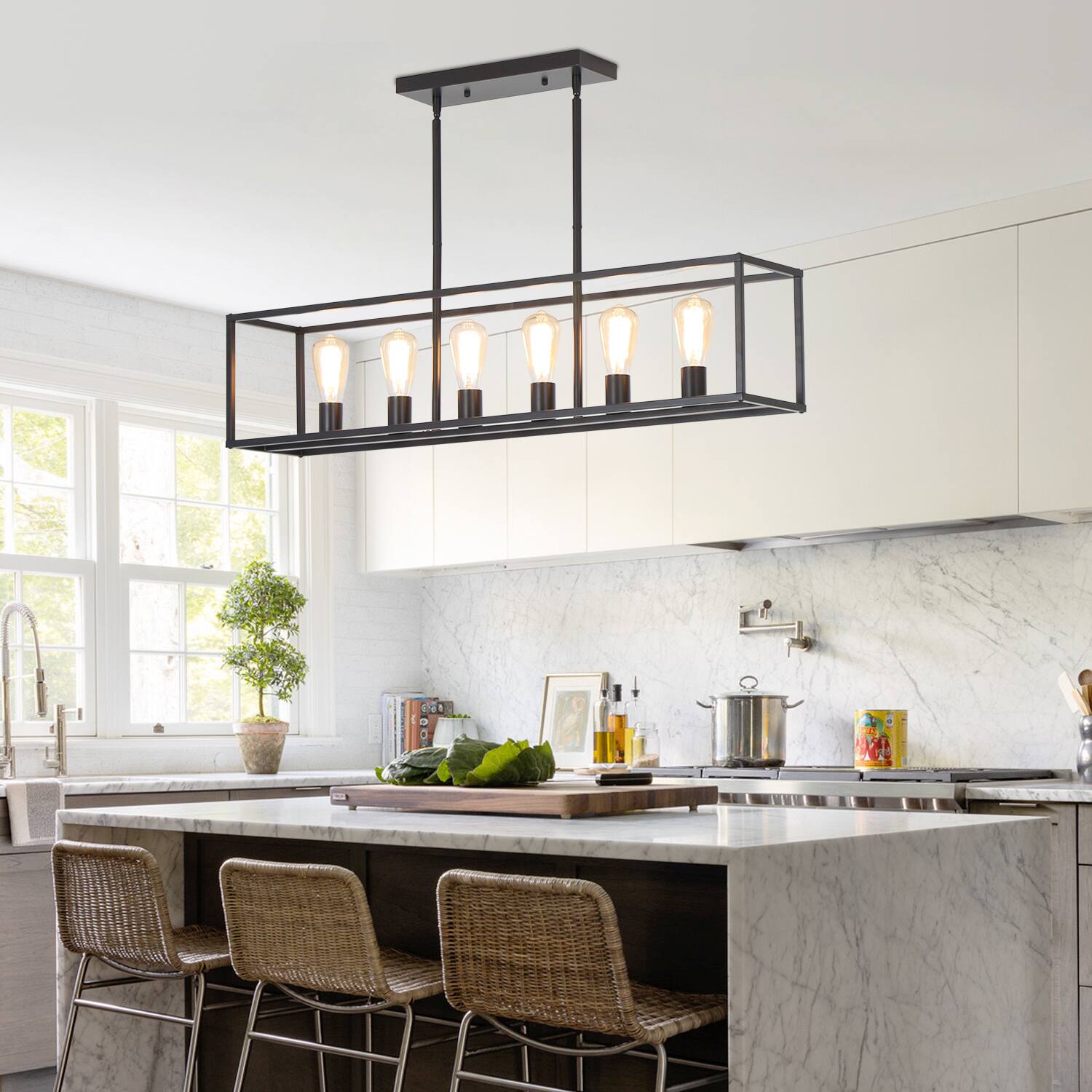 Left. Umeiluce - 6 Lights Island Chandelier Farmhouse Vintage Style for Dinning Room, Kitchen, Showroom, Restaurant - Matte Black.