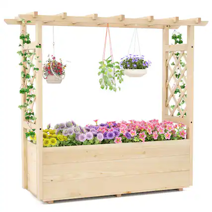 Front. Gymax - Gymax Wooden Raised Garden Bed/ Lattice Trellises Hanging Roof Drainage Indoor Outdoor - Natural.