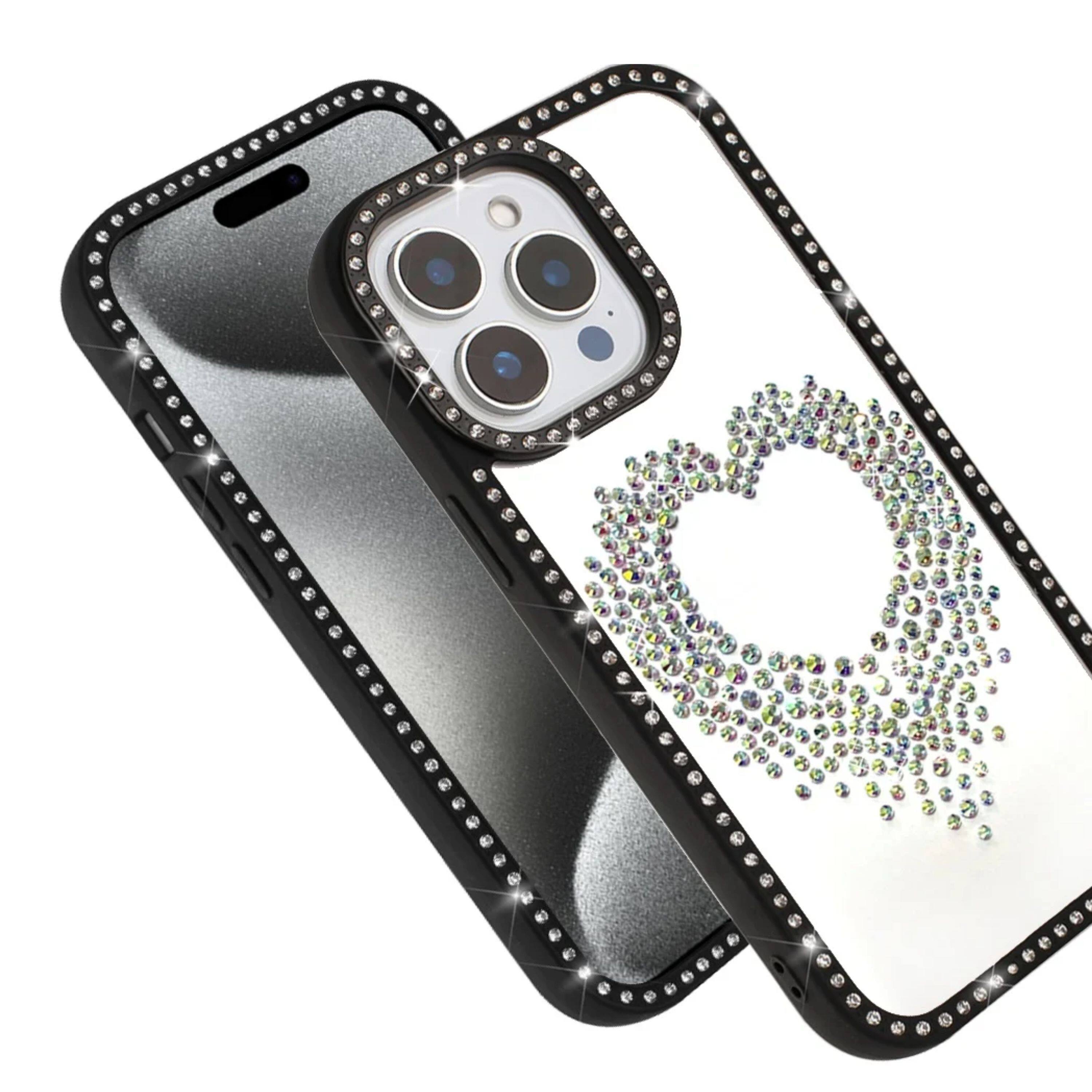 Left. Kitcheniva - Heart Shaped Crystals Border Phone Case With 2 Pcs Tempered Glass For iPhone 15 Pro Max Black - Black.
