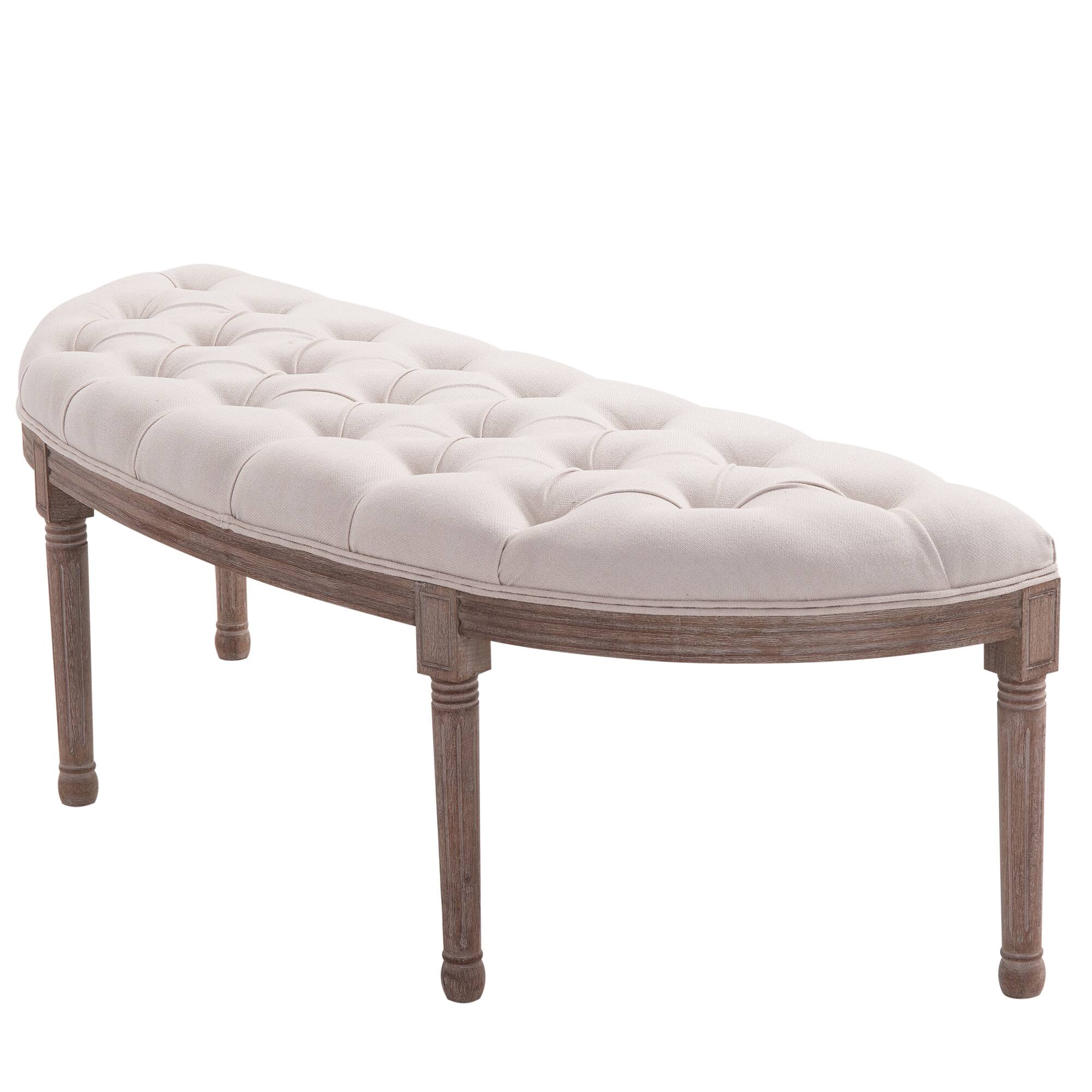 Front. Homcom - HOMCOM Semi-Circle Tufted Bench: Rubberwood Legs French Style Upholstered Ottoman Off White - Charcoal Gray.