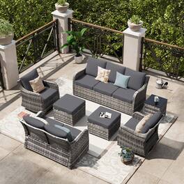 Yardgrace - 7 Pieces Patio Swivel Chair Set Wicker Sofa Rattan Conversation Three Seat Sofa 2 Ottomans Loveseat Lawn Backyard - Gray