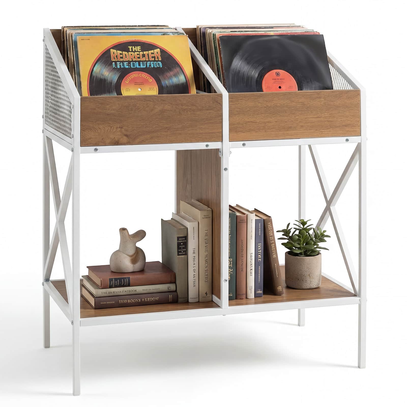 Costway - 4-Grid Vinyl Record Storage Rack, 2-Tier Display Shelf Holds up to 250 Albums - Natural + White