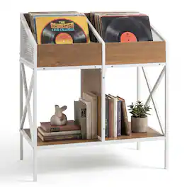 Costway - 4-Grid Vinyl Record Storage Rack, 2-Tier Display Shelf Holds up to 250 Albums - Natural + White