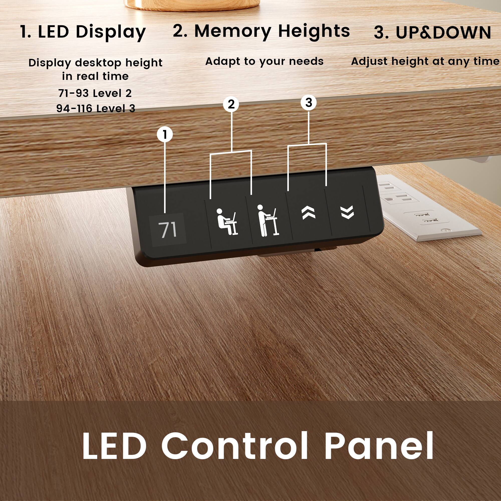 1. LED Display  
   - Display desktop height in real time  
   - 71-93 Level 2  
   - 94-116 Level 3  

2. Memory Heights  
   - Adapt to your needs  

3. UP&DOWN  
   - Adjust height at any time  

LED Control Panel