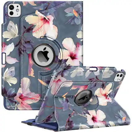 Front. Kitcheniva - Adjustable Rotating Case For iPad Pro 11 Inch M4 2024 Sleep Wake Design Black And White - Blooming Hibiscus.