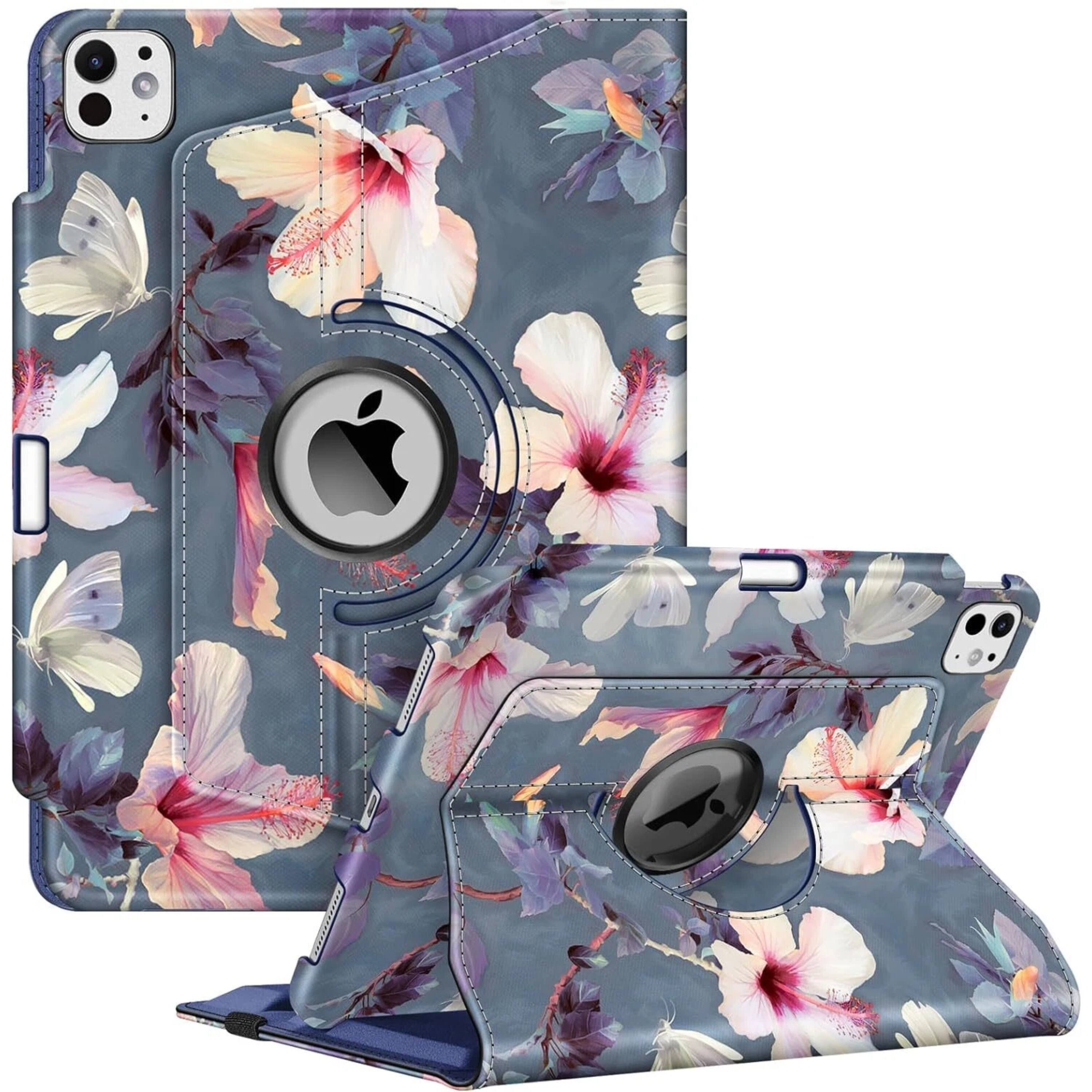 Kitcheniva - Adjustable Rotating Case For iPad Pro 11 Inch M4 2024 Sleep Wake Design Black And White - Blooming Hibiscus