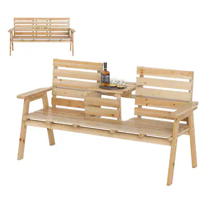 Front. Gymax - Gymax Outdoor Fir Wood Bench w/ Foldable Middle Table w/ Backrest & Armrests - Natural.