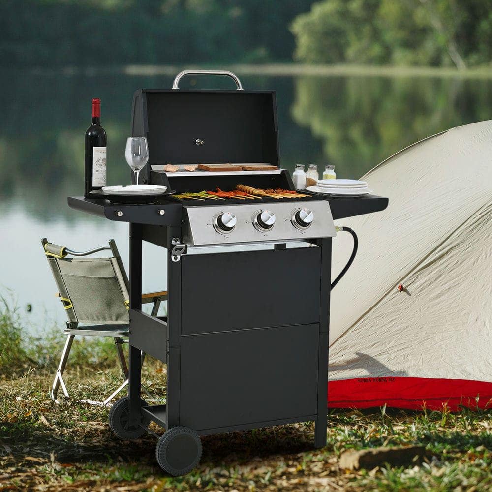 Resenkos - Propane Gas Grill 3 Burner Barbecue Grill, Stainless Steel 26,000 BTU Patio Garden Barbecue Grill with Two Shelves