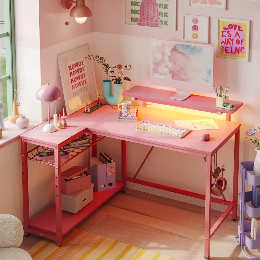 Pdcf Desk Bestier L Shaped Gaming Desk with Power Outlets LED Lights and ...