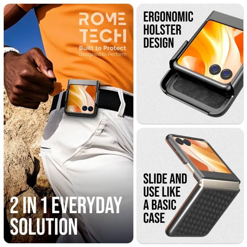 ROME TECH  
Built to Protect  
Designed to Perform  

ERGONOMIC HOLSTER DESIGN  

2 IN 1 EVERYDAY SOLUTION  

SLIDE AND USE LIKE A BASIC CASE