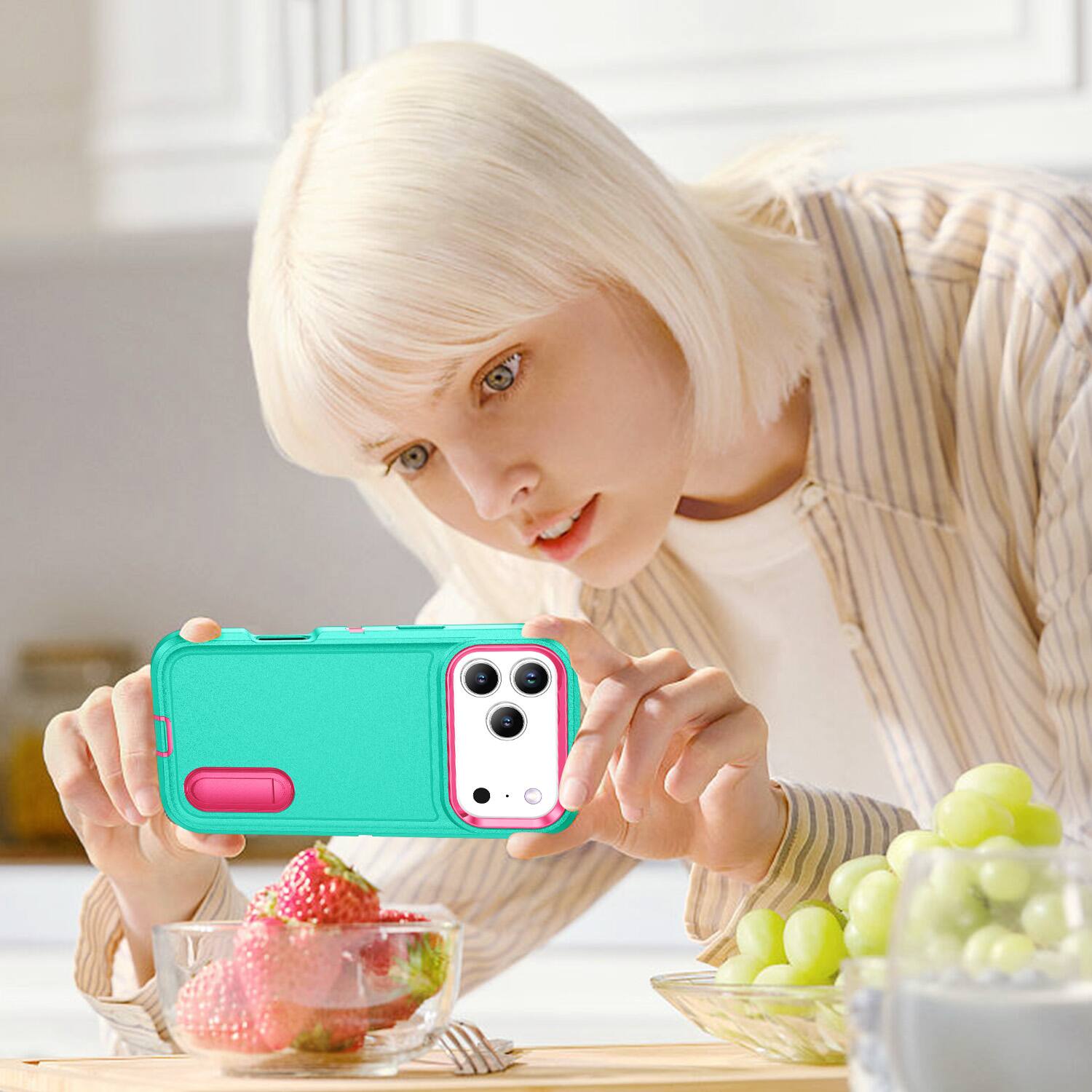 Alt View 5. UUCOVER - Dual Layer Protective Case for Apple iPhone 17 Pro Max with Hidden Kickstand, Raised Edge Protection Drop-proof Cover - Light blue+Rose red.