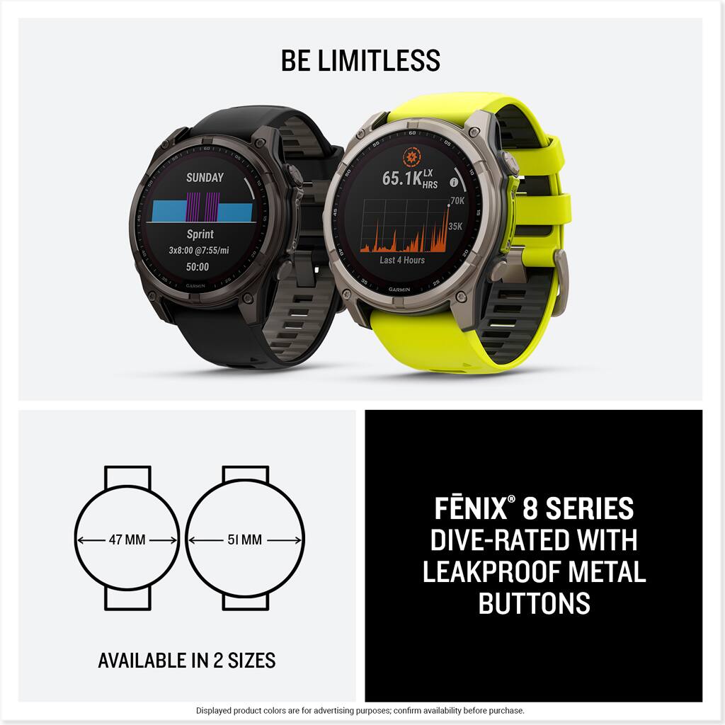 BE LIMITLESS SUNDAY LX 65.1K HRS i 70K Sprint 3x8:00 @7:55/mi 50:00 Last 4 Hours 35K CARMN CARIMN 47 MM 51 M FNIX 8 SERIES DIVE-RATED WITH LEAKPROOF METAL BUTTONS AVAILABLE IN 2 SIZES Displayed product colors e Bot advertising purposes. confirm availability before purchase.