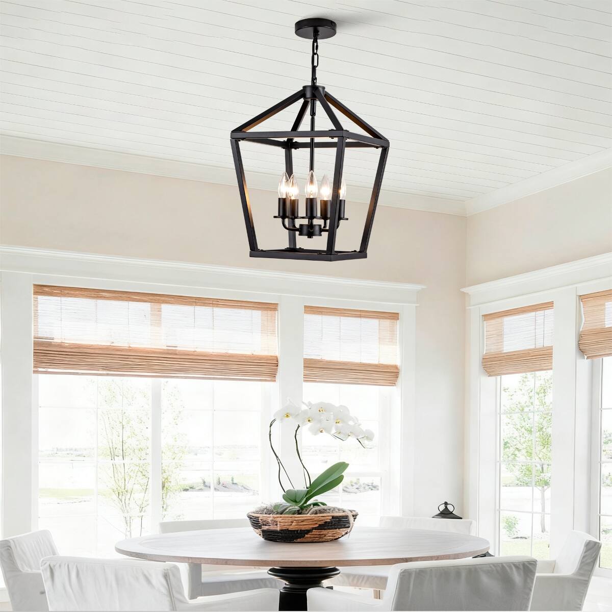 Alt View 8. Loheer - Loheer 5 Light Farmhouse Lantern Chandelier, Matte Black Open Cage for Dining Room.