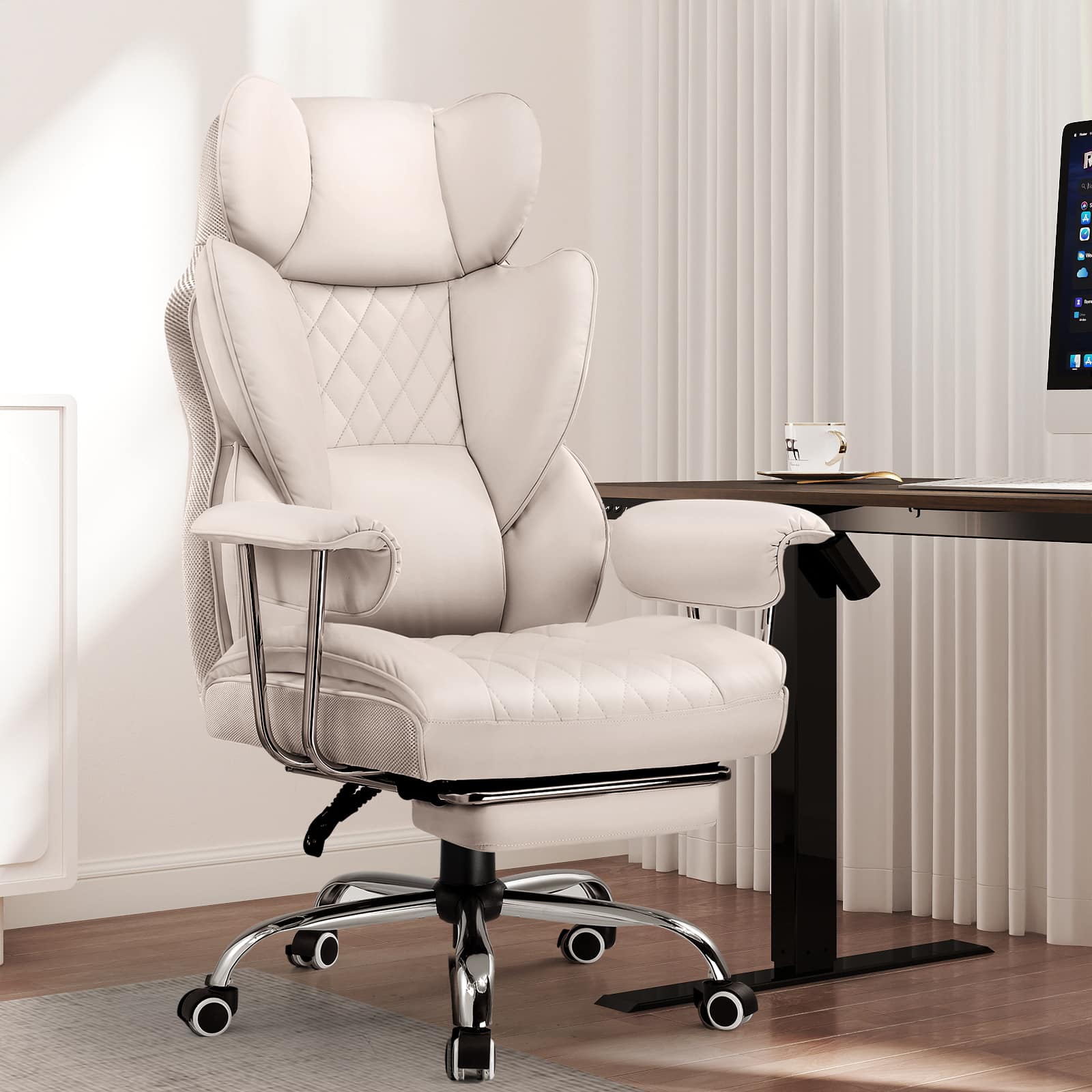 CloudRest Pro - 400lbs Heavy Duty Office Chair Faux Leather Wide Ergonomic Comfy Executive Chair - Graypink