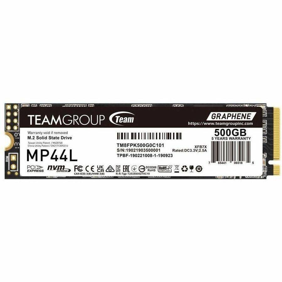 TEAMGROUP Team  
https://www.teamgroupinc.com  
GRAPHENE  
500GB M.2 Solid State Drive  
5 YEARS WARRANTY  
Warranty void if removed  
Taiwan Utility Patent M28748  
China Utility Patent CN217139922  
MP44L  
TM8FPK500G0C101  
S/N: 19021903500001  
Rated: DC3.3V:2.5A  
TPBF-190221008-1-190923  
XFB7X  
PCIe nvm FC CE UK IC EAC 033008  
RoHS  
CAN ICES-J(B)/NMB-3(8)  
R-R-Tgp 1252800210C10
