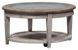 Liberty Furniture Industries - Heartland Round Ceiling Tile Cocktail Table in Antique w/ Tobacco Top - White
