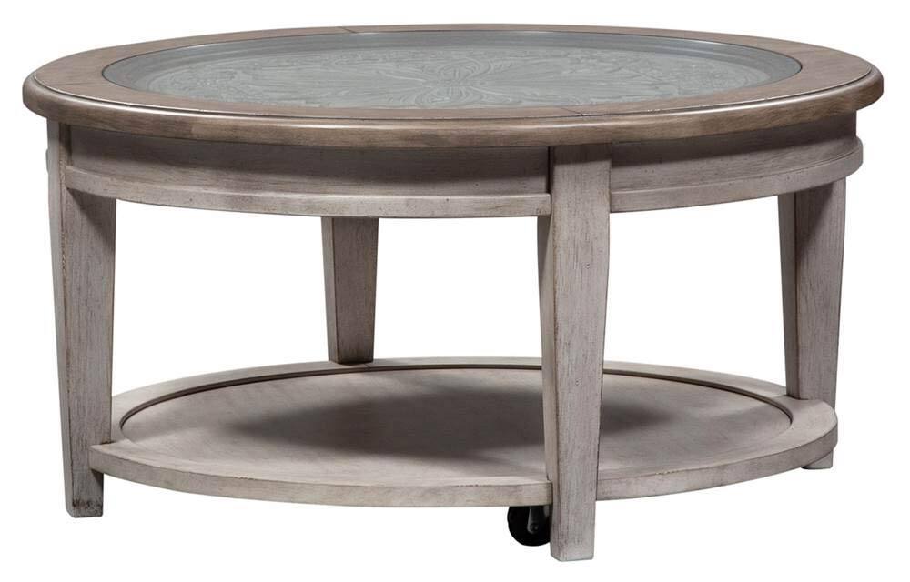 Front. Liberty Furniture Industries - Heartland Round Ceiling Tile Cocktail Table in Antique White w/ Tobacco Top - White.