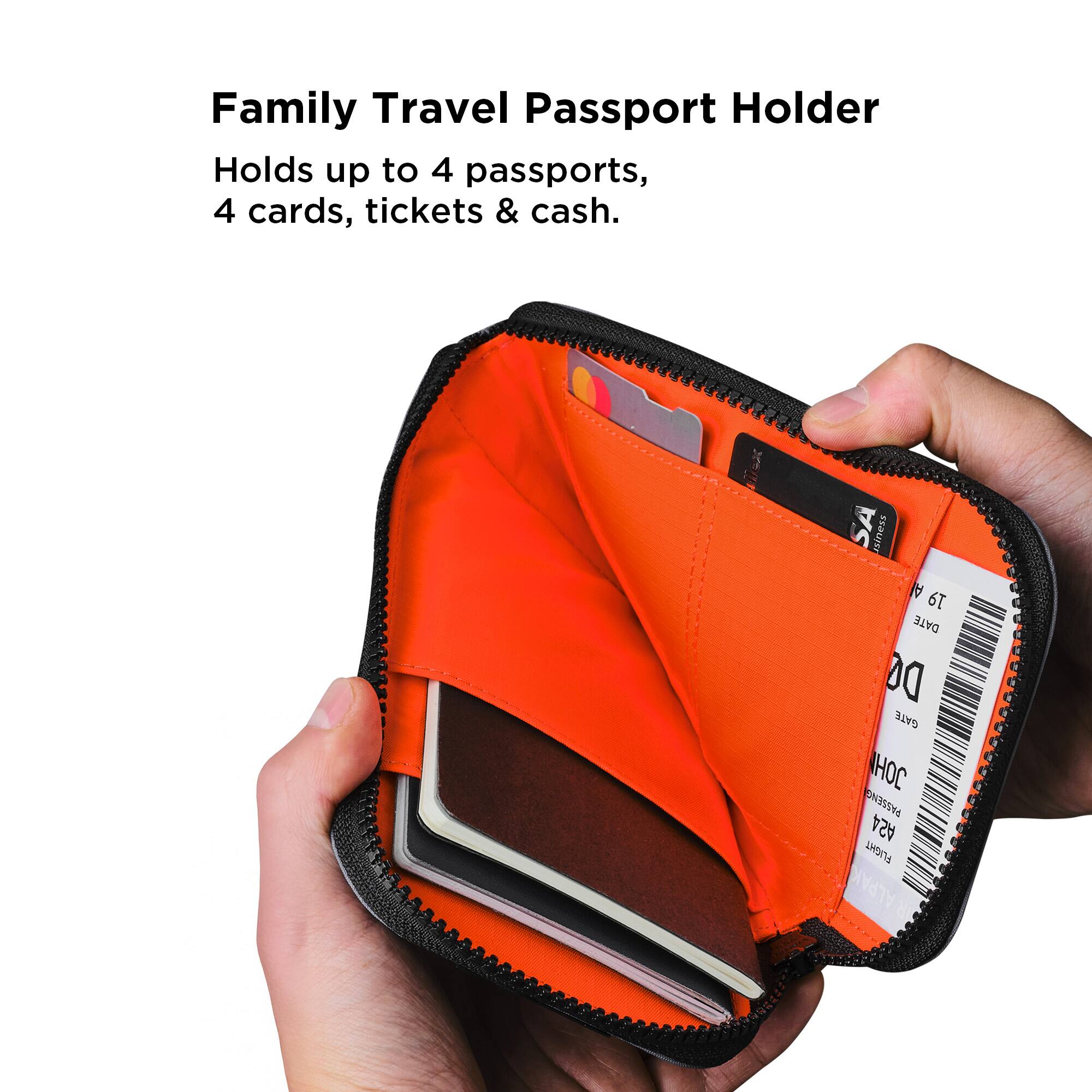 Family Travel Passport Holder  
Holds up to 4 passports, 4 cards, tickets & cash.
