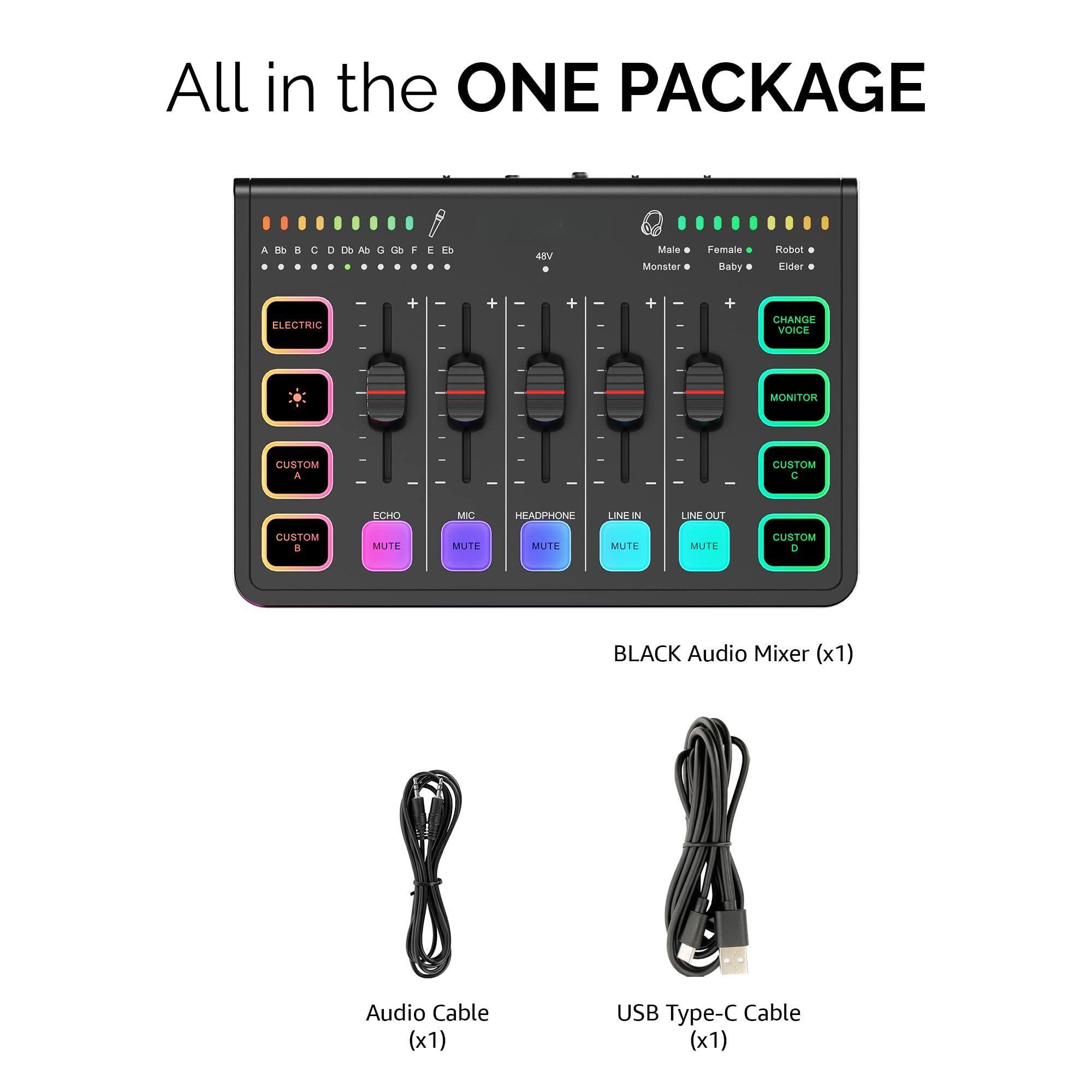 All in the ONE PACKAGE

- BLACK Audio Mixer (x1)
- Audio Cable (x1)
- USB Type-C Cable (x1)

Features:
- ELECTRIC
- CUSTOM A
- CUSTOM C
- ECHO
- MIC
- HEADPHONE
- LINE IN
- LINE OUT
- CUSTOM 8
- MUTE (x4)
- MONITOR
- CUSTOM C
- CHANGE VOICE
- Male Monster
- Female Baby
- Robot Elder