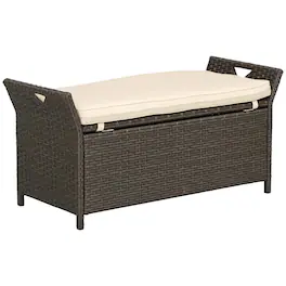 Resenkos - 29 Gallon Wicker Bench, Outdoor PE Rattan Furniture, 2-in-1 Storage Box with Handles & Cushion - Cream White