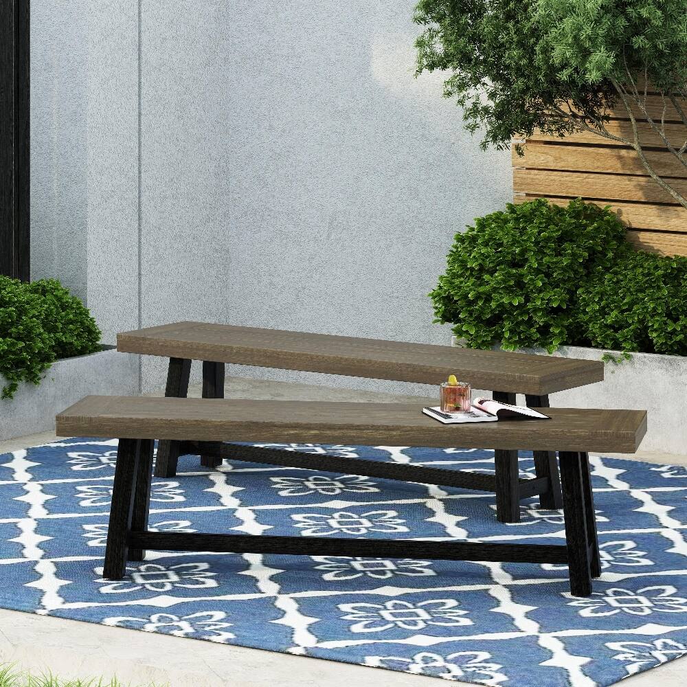 Front. Ropilly - Ropilly Acacia Outdoor Bench Set of 2, 63 Inch Rustic Wood Patio Dining Bench, Sandblast Gray - Sandblast Gray.