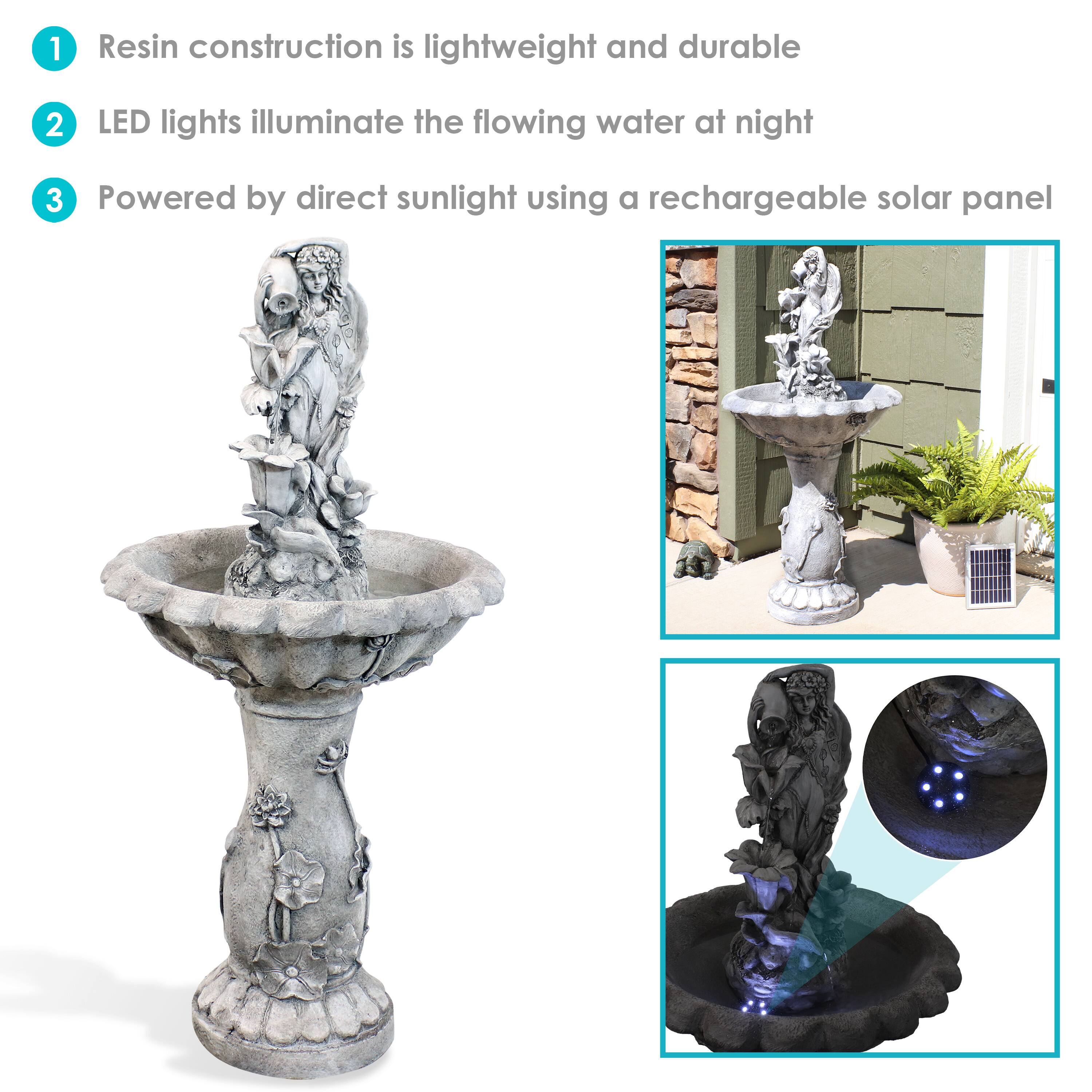 1. Resin construction is lightweight and durable
2. LED lights illuminate the flowing water at night
3. Powered by direct sunlight using a rechargeable solar panel