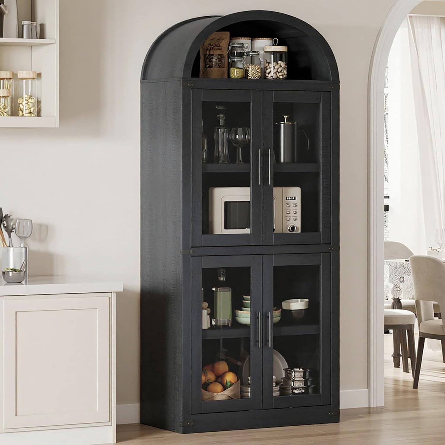 Front. GAOMON - Arched Bookcase with Doors, 4-Tier Wooden Bookshelf with Glass Storage Cabinet - Glass Door-Black.