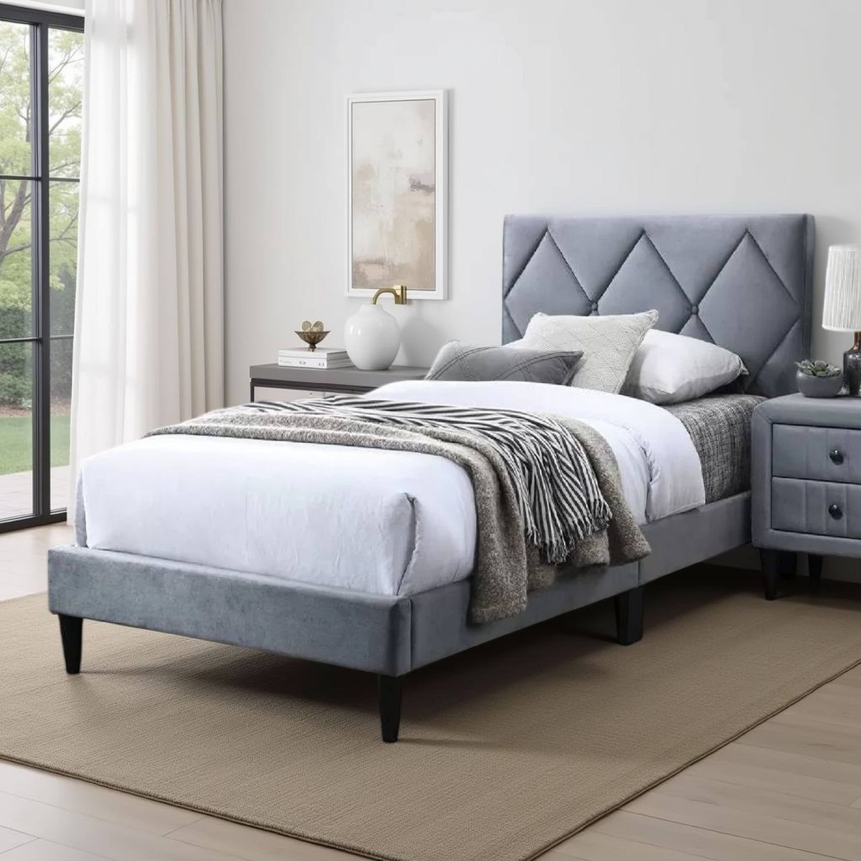 Alt View 2. Manhattan Lane - Lilian Full Size Bed, Tufted Gray Velvet Upholstery, Diamond Stitch - Gray, Black.