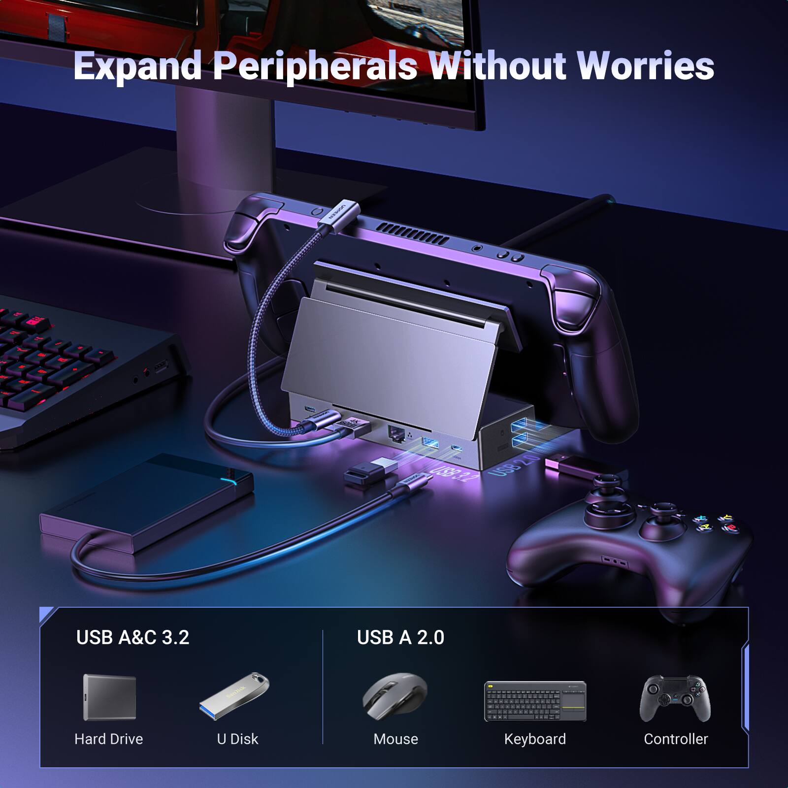 Expand Peripherals Without Worries

USB A&C 3.2
- Hard Drive
- U Disk

USB A 2.0
- Mouse
- Keyboard
- Controller