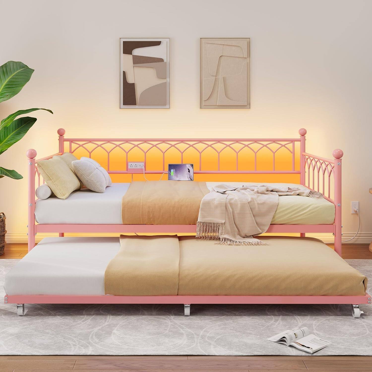 Front. Homhougo - Twin Daybed with Trundle, Day Bed with Charging Station & LED Lights - Pink.